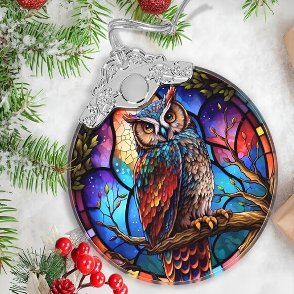 Owl Ornament Stained Glass Hanging Decor Holiday-Sun Catcher-Christmas - Picture 5 of 7